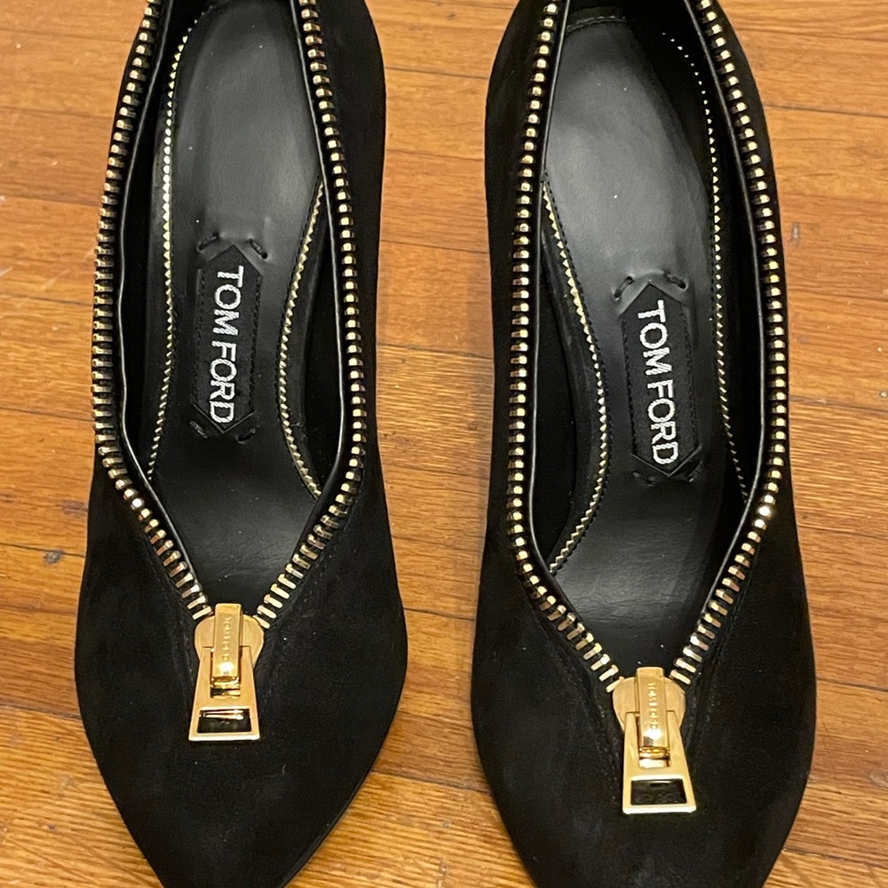 Beautiful Tom Ford Pumps - Black Suede with Gold Zipper Detail